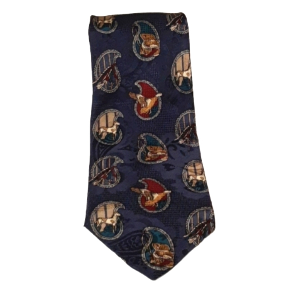 Vintage Hunting Fishing Silk Tie Ducks, Dogs, Fishing Box, and Lures 56 x 3.75